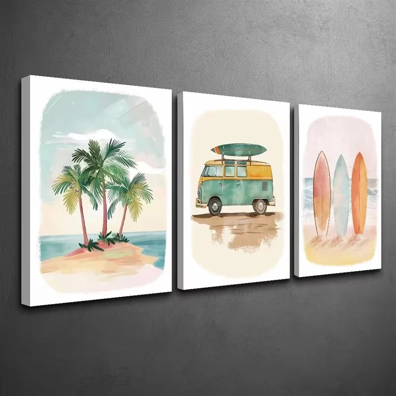 3-Piece Tropical Beach & Surfing Canvas Wall Art Set | Home Decor