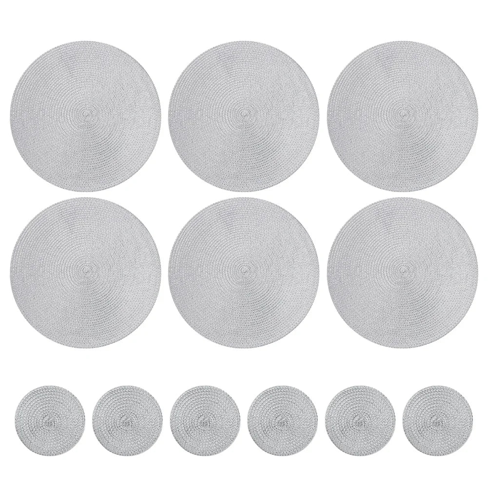 12pcs Round Braided Table Mat Washable Placemats Anti Slip Dining Tableware Bowl Pads Home Kitchen Decor Drink Cup Pad Coasters Peaceful Pleasures Health and Wellness Sliver 6xPlacemat 6xCoaster