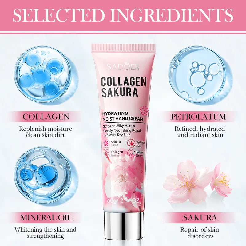 SADOER Sakura Collagen Hand Cream Moisturizing & Nourishing, Brightening Care, Anti-Wrinkle Anti-Crack Cream for Hands 60G Peaceful Pleasures Health and Wellness