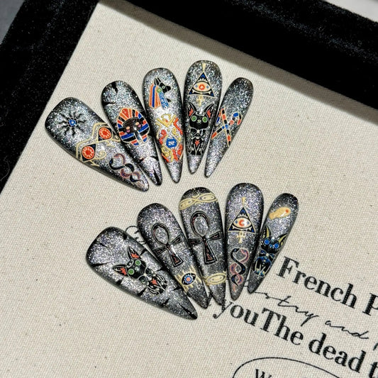 Handmade Press on Nails Egyptian Cat Pharaoh Cute False Nails Sweet Cool Spicy Girl Style Cat Eye Long Almond Fake Nail Tips Peaceful Pleasures Health and Wellness M