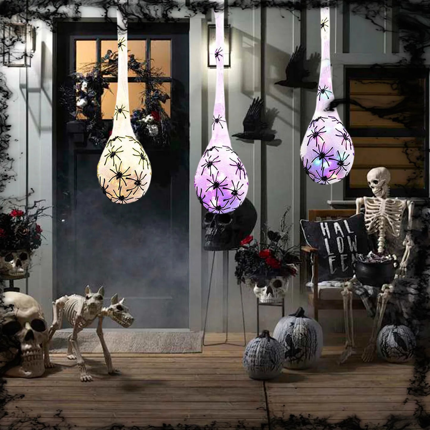 Halloween LED Glowing Spider Egg Bag Hanging Decoration