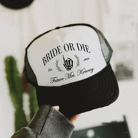 Personalized Bride or Die Trucker Hat | Skull Bachelorette Gift Personalized Trucker Hat Peaceful Pleasures Health and Wellness