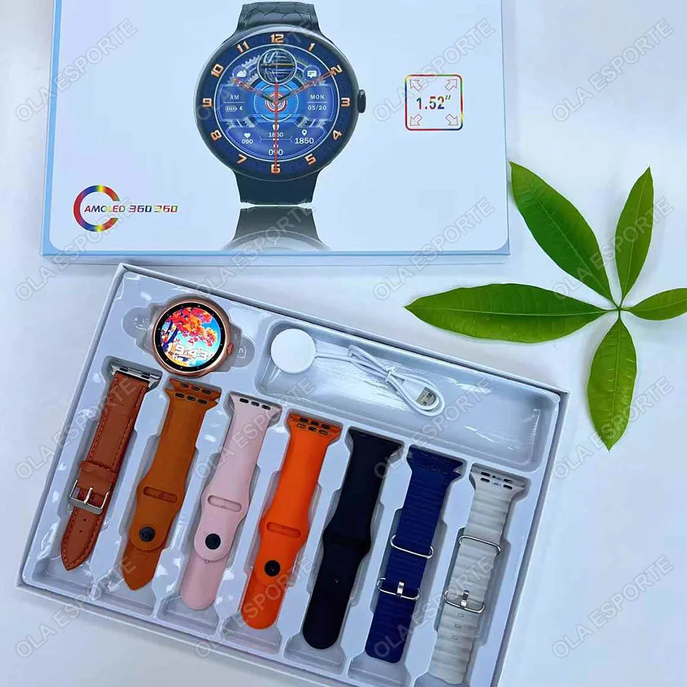 7 in 1 Strap Smart Watch Sports Watch Men Women AMOLED Screen GPS Bluetooth Calls Waterproof SmartWatch for Android IOS 2025 New Peaceful Pleasures Health and Wellness Gold 7Strap