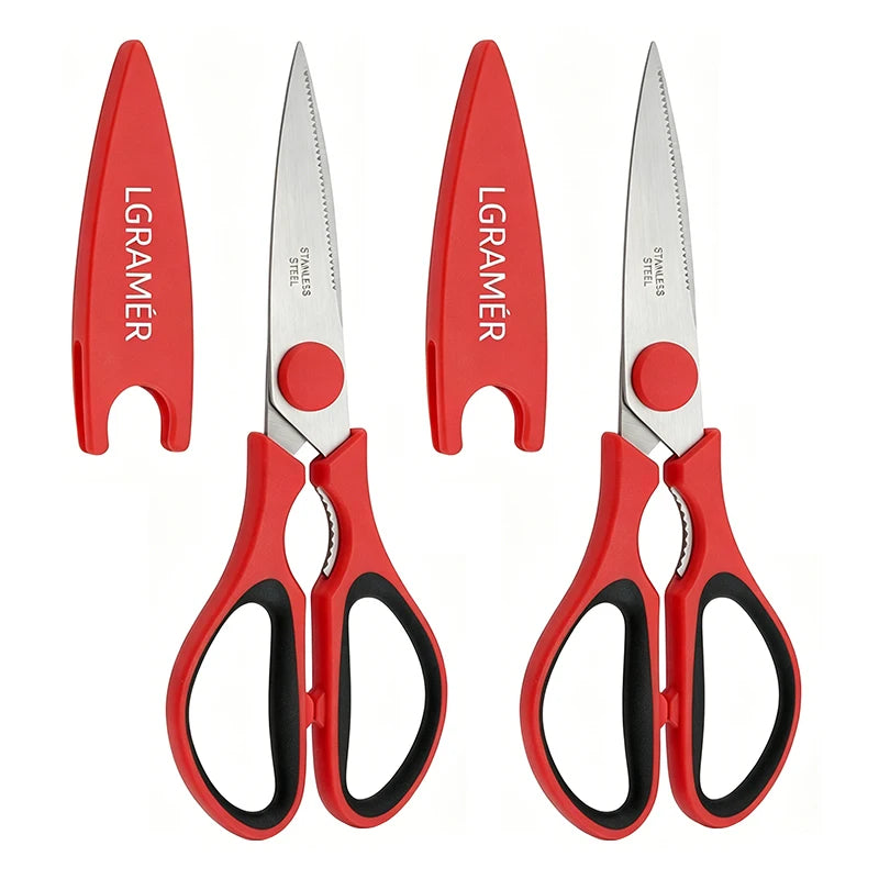 Red Stainless Steel Kitchen Scissors | Serrated Shears & Opener