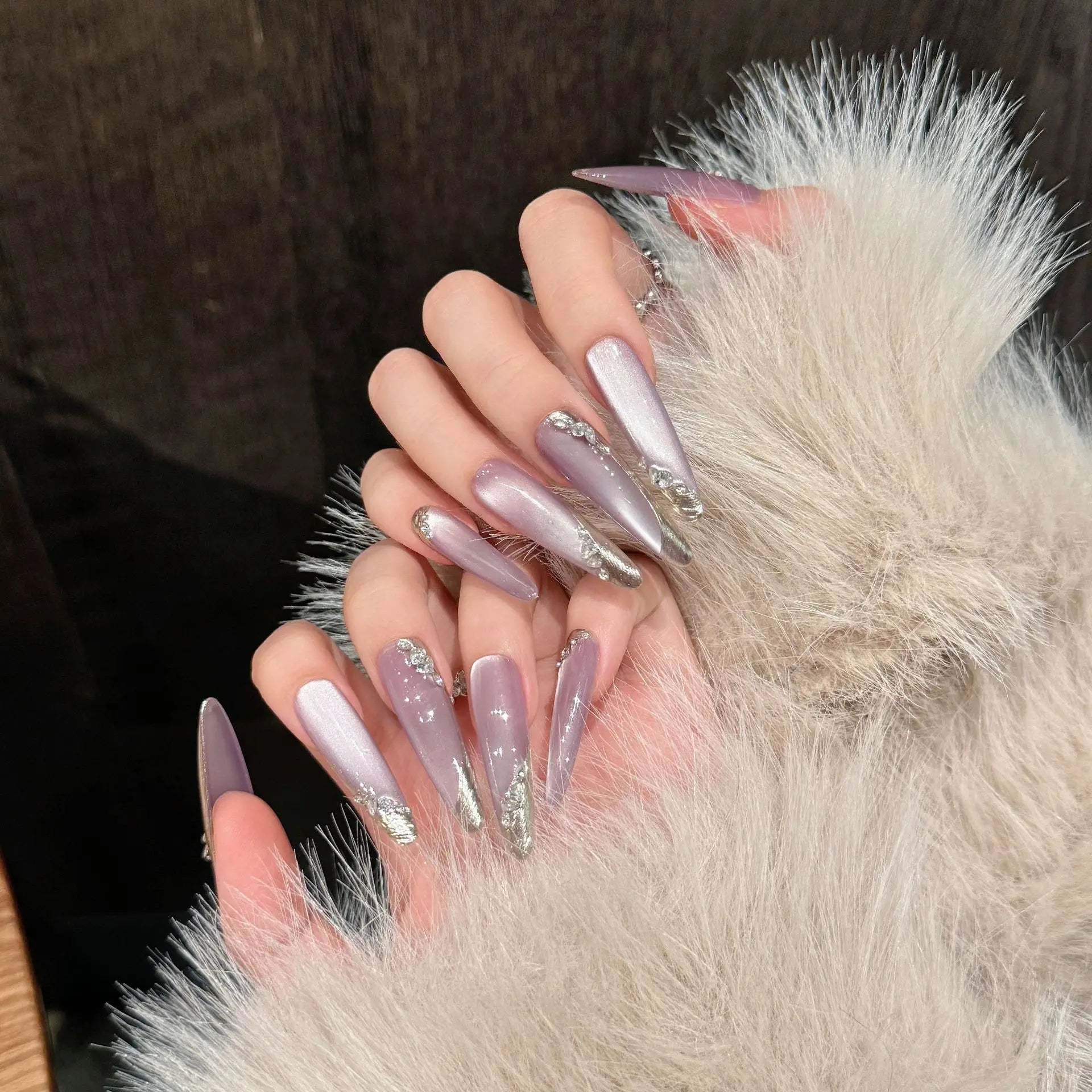 Handmade Press on Nails Purple Crystal Cat's Eye Fake Nail Patches for Women Girl Wearable Korean Sweet Long Oval False Nails Peaceful Pleasures Health and Wellness