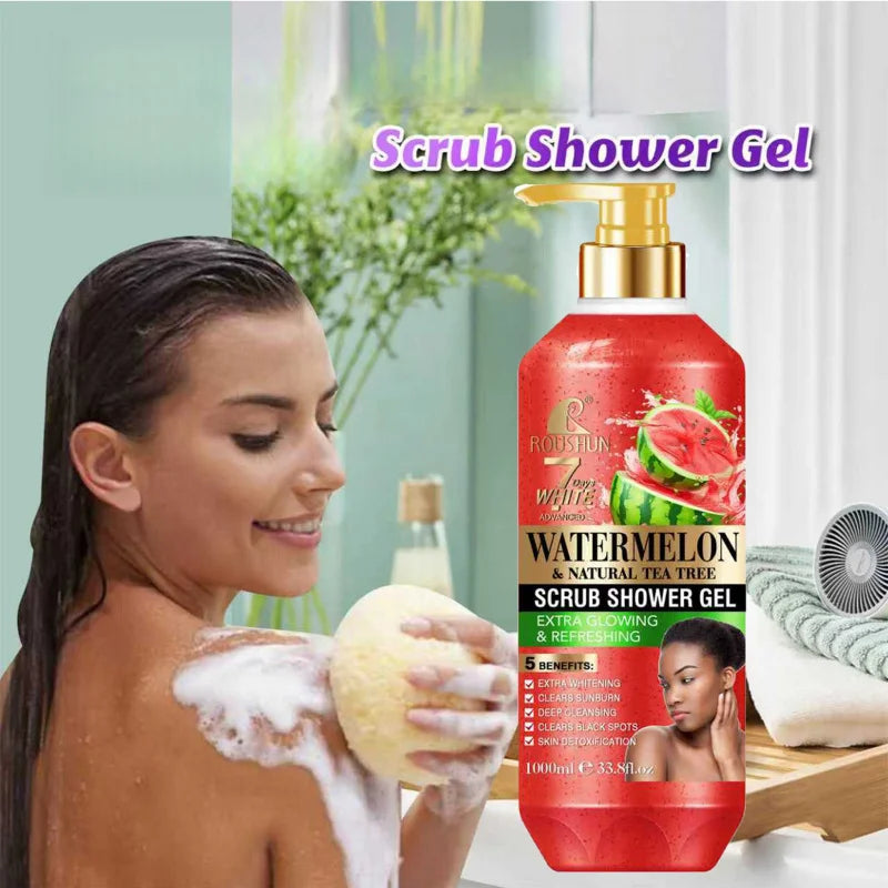 ROUSHUN Watermelon SCRUB SHOWER GEL 1000ML Moisturizing and Moisturizing Skin Fragrance Retention Large Capacity Shower Gel Peaceful Pleasures Health and Wellness
