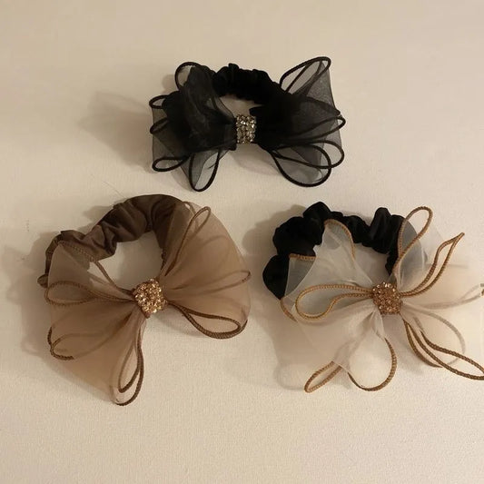 New Mesh Rhinestone Bow Hair Ties Scrunchies Women Girls Elastic Hair Bands Headwear Ribbon Bowknot Ponytail Hair Accessories Peaceful Pleasures Health and Wellness