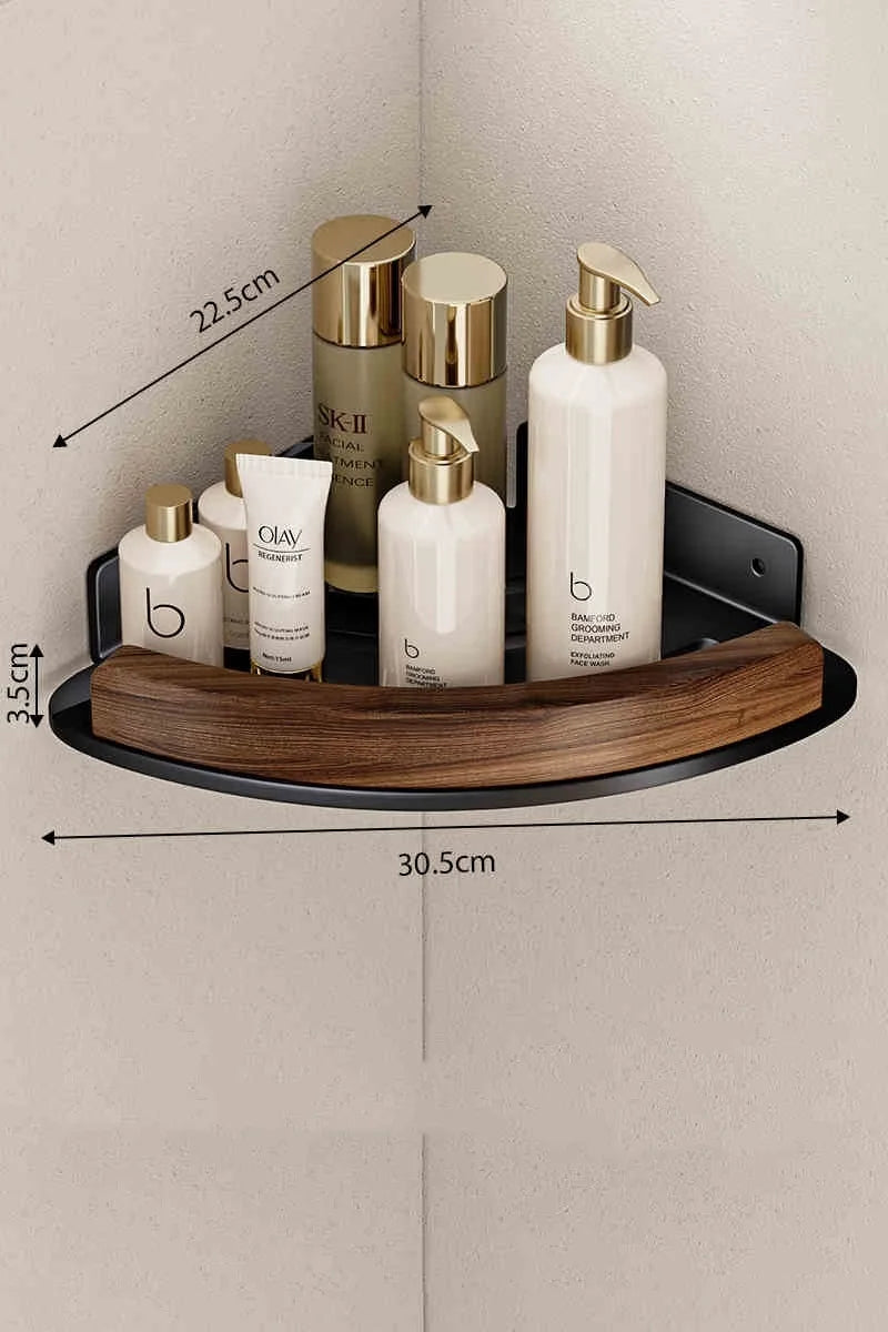 Wood & Aluminum Wall-Mounted Corner Shelf – Bathroom Organizer