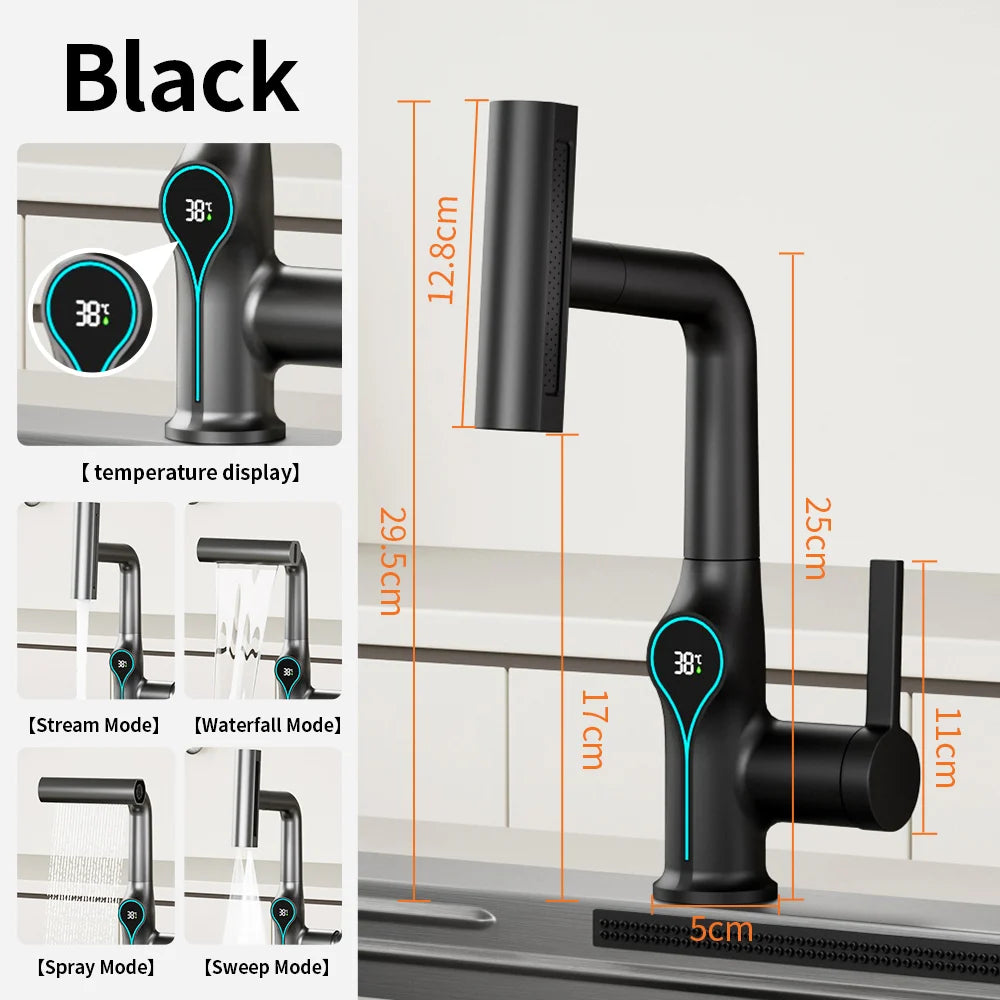 AOGUTU Waterfall Faucet with Digital Temperature Display | Brass