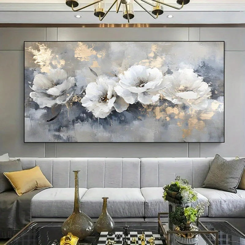 Large Modern Abstract White Floral Canvas Wall Art No Frame Poster for Living Room Bedroom Decor,Gray Blue Background Room Decor Peaceful Pleasures Health and Wellness