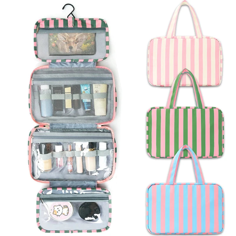 Large Striped Travel Toiletry Bag with Hook | Foldable Organizer Travel Toiletry Bag Peaceful Pleasures Health and Wellness