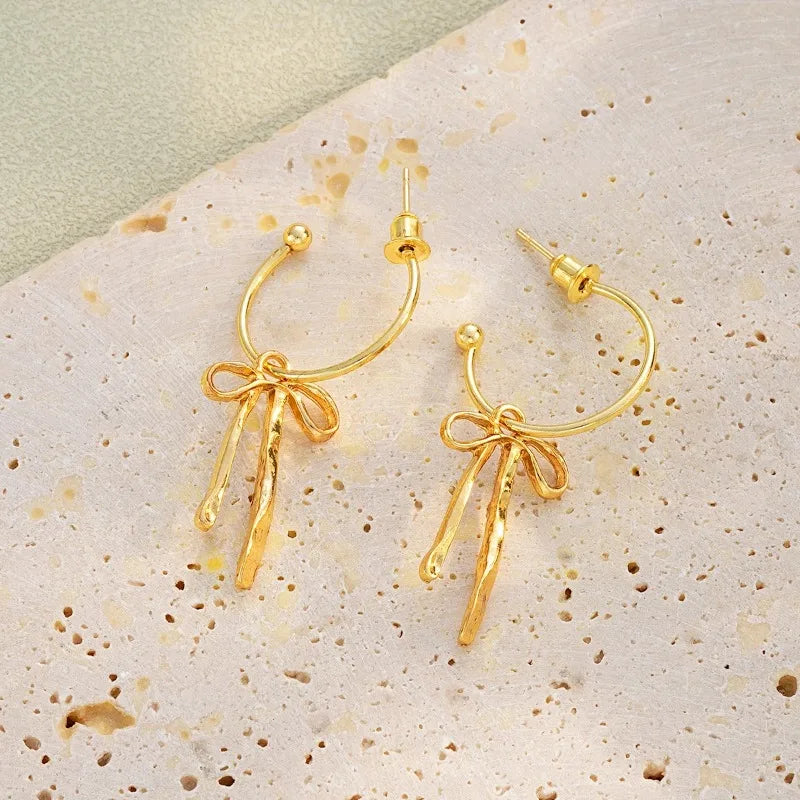 Gold Bowknot Tassel Stud Earrings – Retro Fashion Jewelry Women