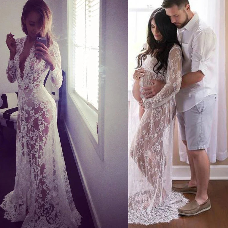 Sexy Deep V-Neck Long Sleeve Lace Beach See-Through Maternity Maxi Dress Douche de bébé Photographie de vêtements de maternité Peaceful Pleasures Health and Wellness
