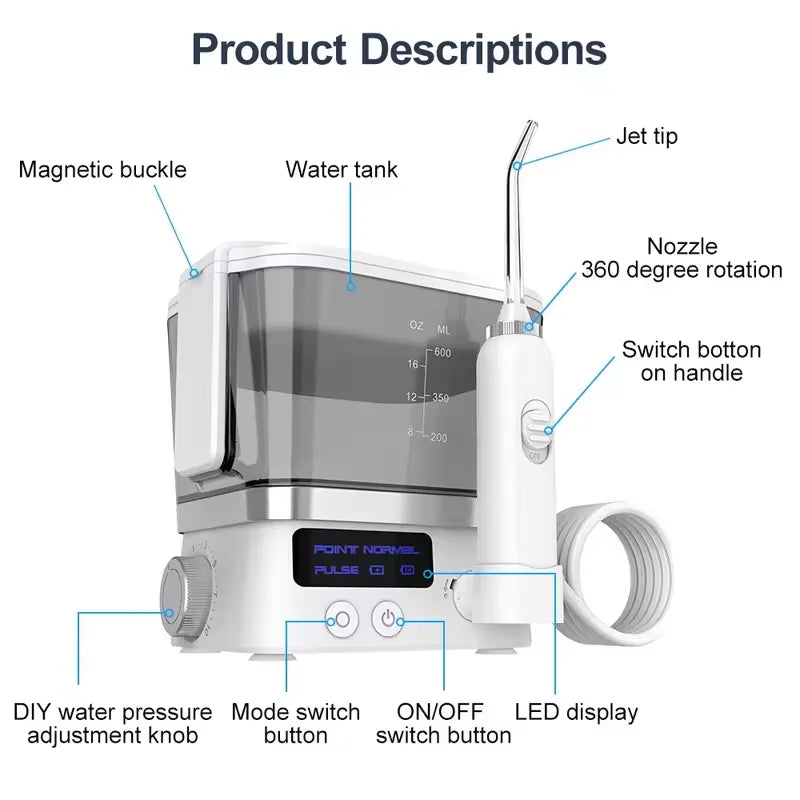 Water Flosser Oral Irrigator | 4 Nozzles, 10 Pressure Levels