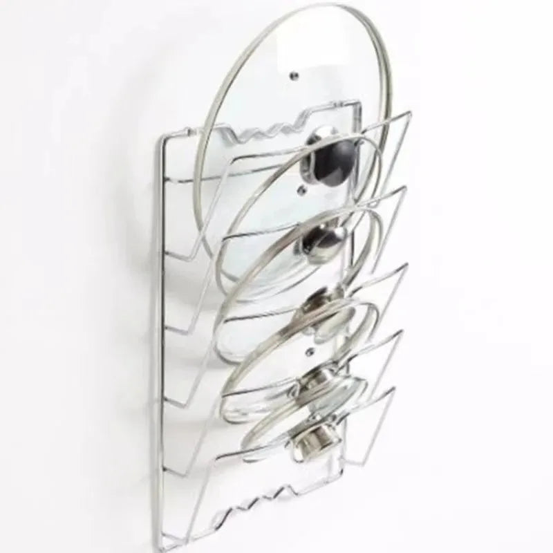 5-Layer Stainless Steel Pot Lid & Kitchen Organizer Rack – Wall Mount or Cabinet Door Storage for Lids, Cutting Boards & Trays