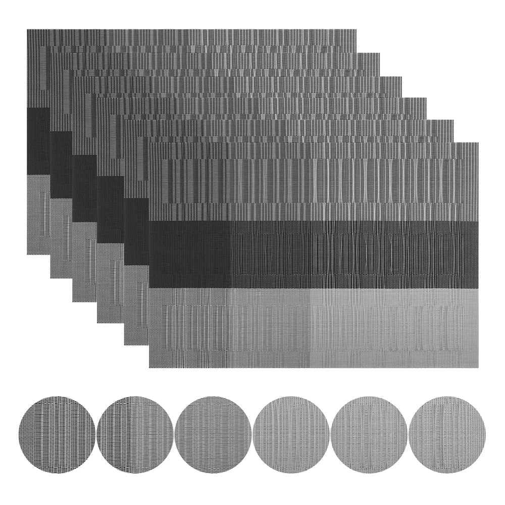 Set of 6 Placemats With Coasters Black Table Mats Crossweave Woven Vinyl Non-Slip Washable for Table Dining Kitchen Restaurant Peaceful Pleasures Health and Wellness Gray Black 30x45cm
