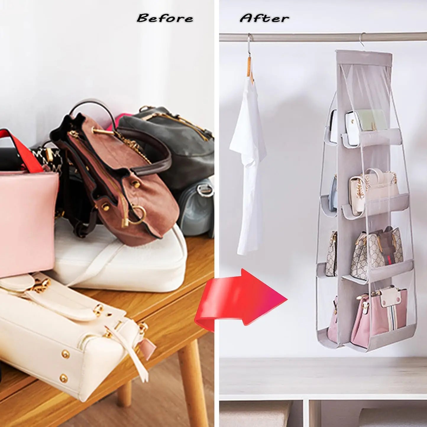 Hanging Handbag Organizer – 8 Pockets, Light Gray Peaceful Pleasures Health and Wellness