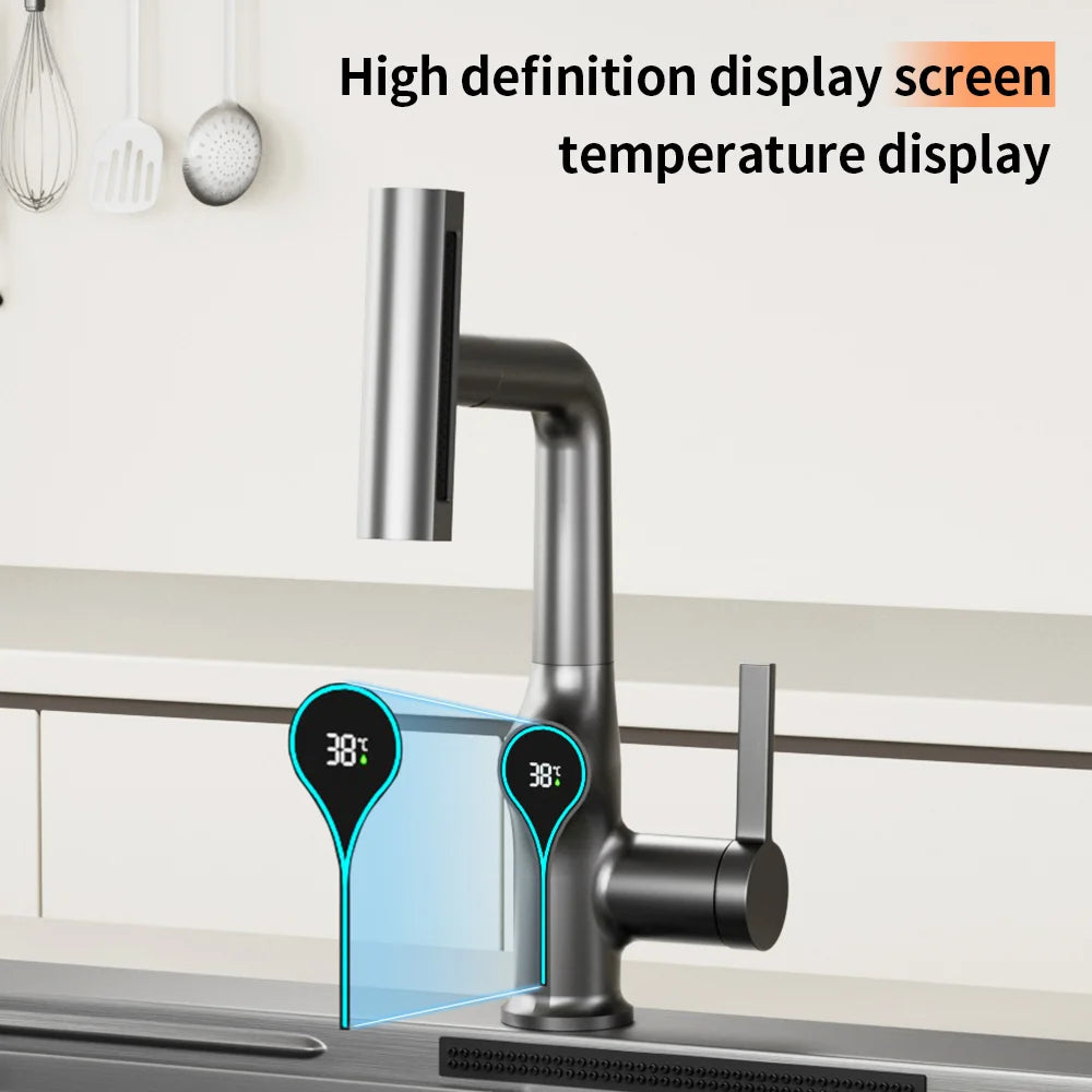 AOGUTU Waterfall Faucet with Digital Temperature Display | Brass