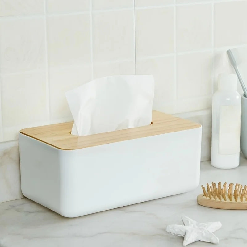 Minimalist Tissue Box Cover – Wooden Top Dustproof PP Organizer