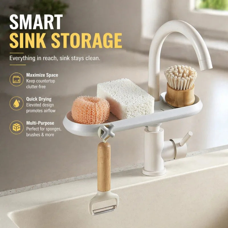 Adjustable Faucet Storage Shelf Fits Various Water Tap Sizes Multi-functional Sink Organizer Holds Cleaning Rags and Kitchen Peaceful Pleasures Health and Wellness