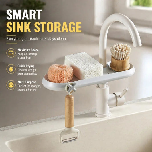 Adjustable Faucet Storage Shelf Fits Various Water Tap Sizes Multi-functional Sink Organizer Holds Cleaning Rags and Kitchen Peaceful Pleasures Health and Wellness