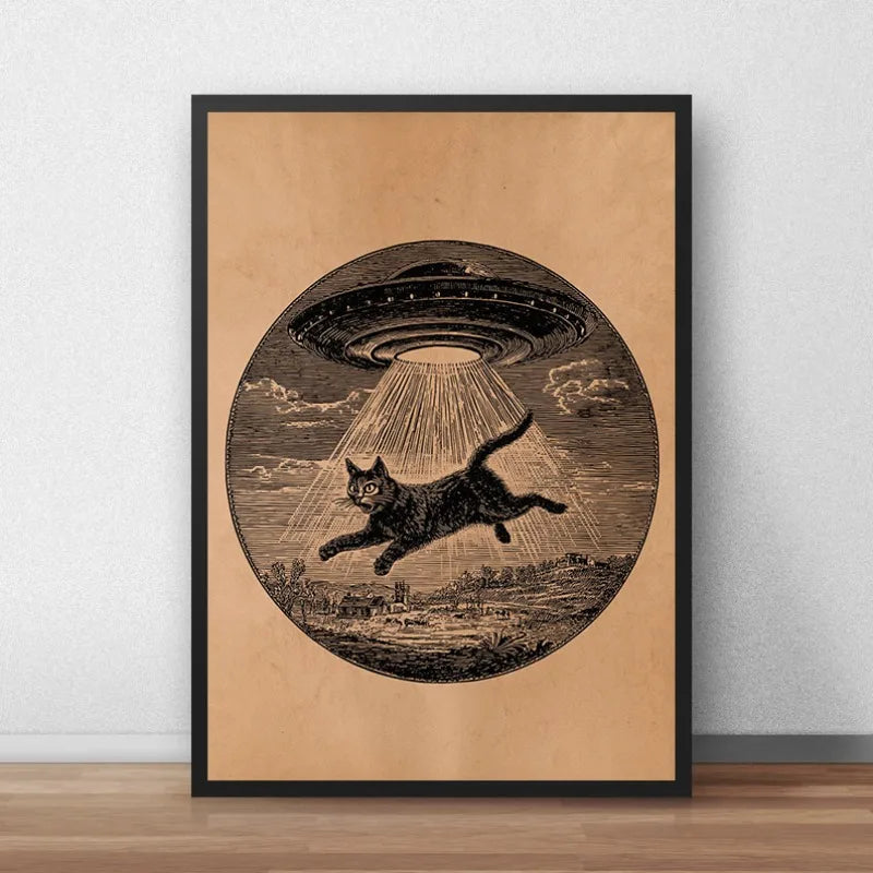 Antique Style Cat UFO Abduction Alien Medieval Knight Mouse Illustration Poste Canvas Painting Wall Art Pictures Home Decor Peaceful Pleasures Health and Wellness