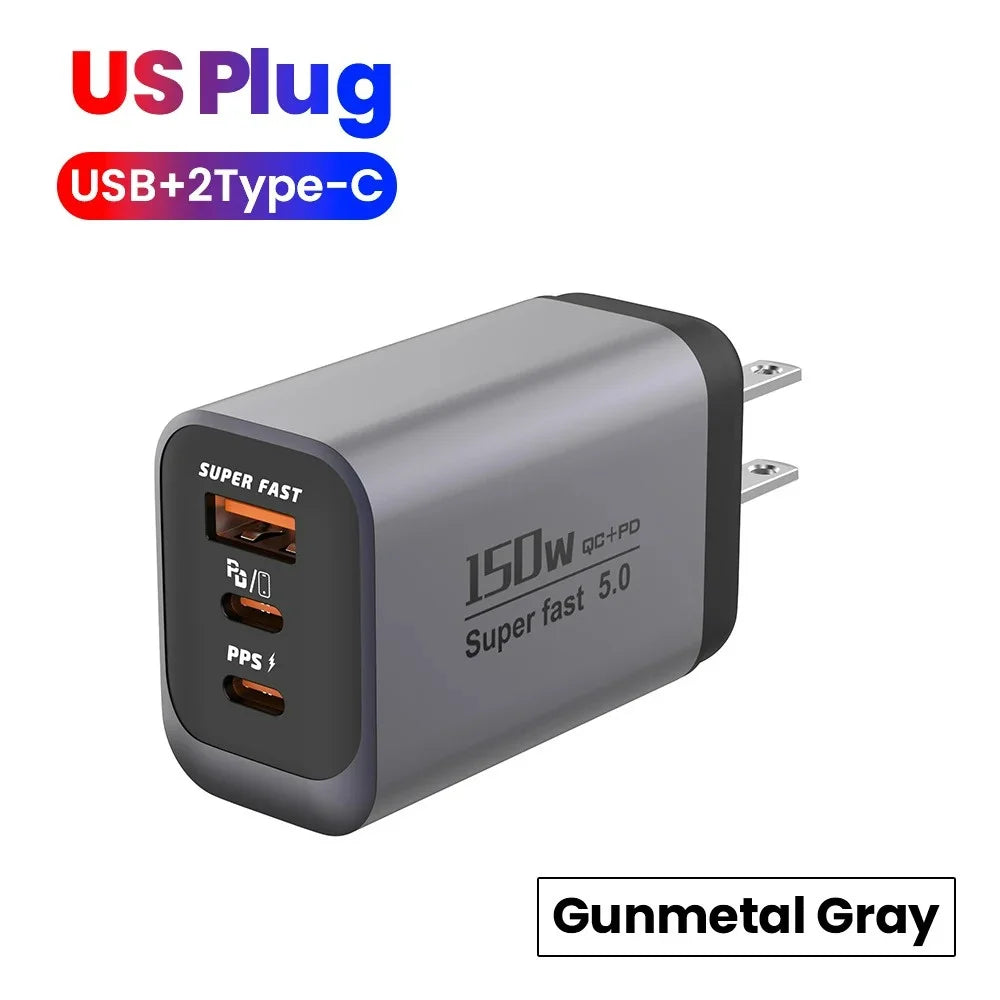 150W 3-Port USB-C Fast Charger QC3.0 PD3.0 | EU UK US Plug
