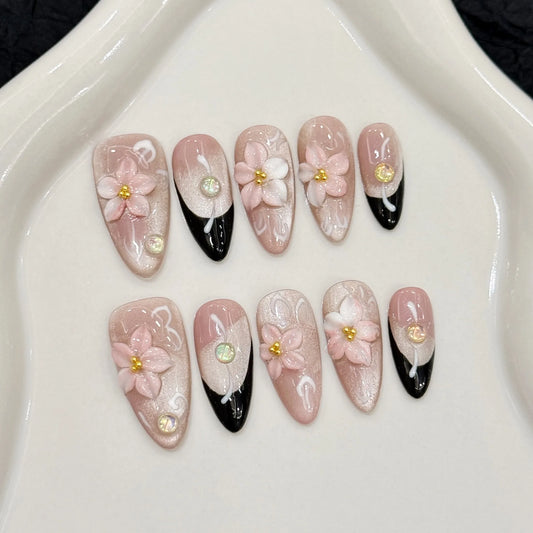 10pcs Handmade Korean Press on Nails Glitter Pink Flowers Decor Fake Nails Wedding Lady Wearable French Cat Eye False Nail Tips Peaceful Pleasures Health and Wellness M