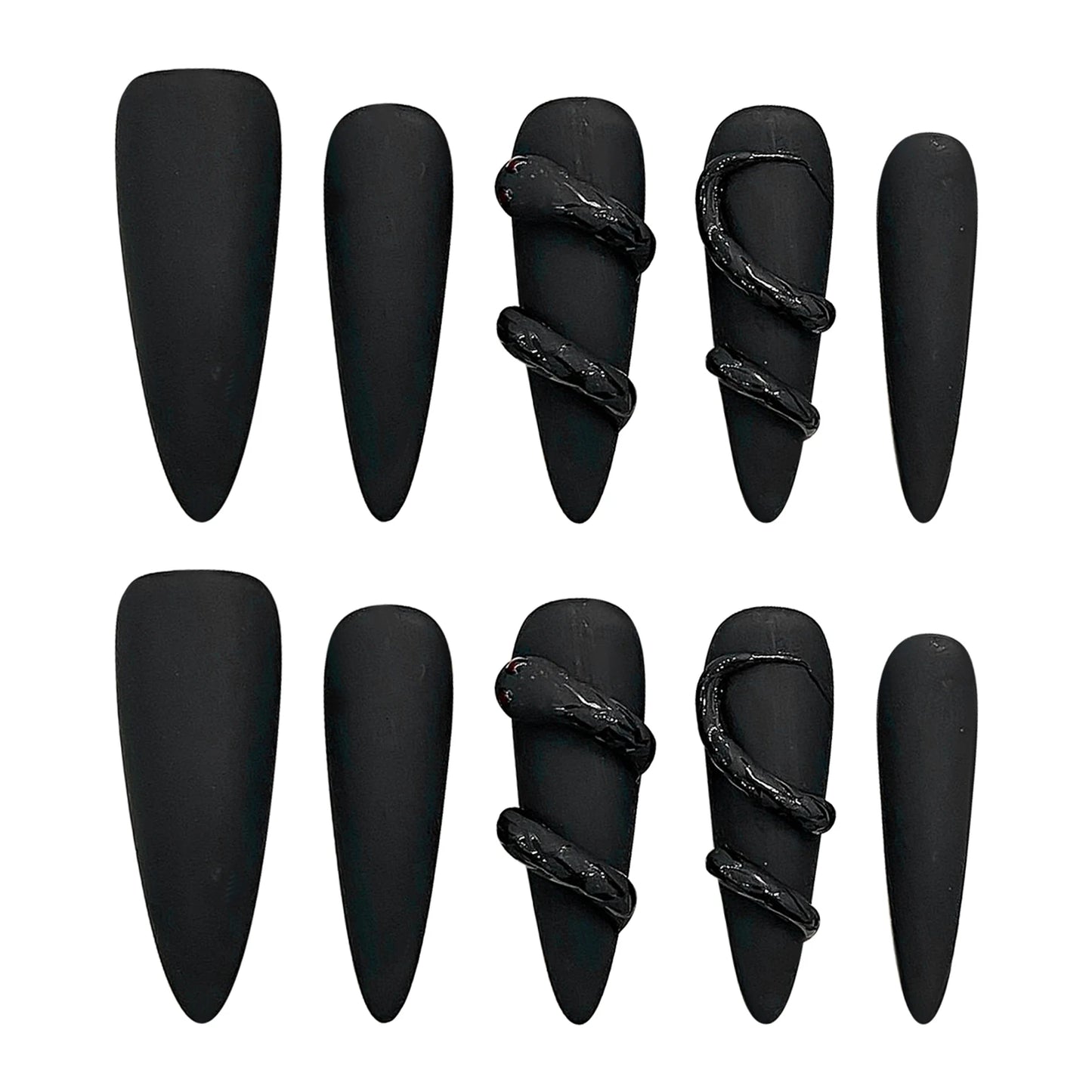 Matte Black 3D Almond Press On Nails – Punk Y2K Style 10pcs