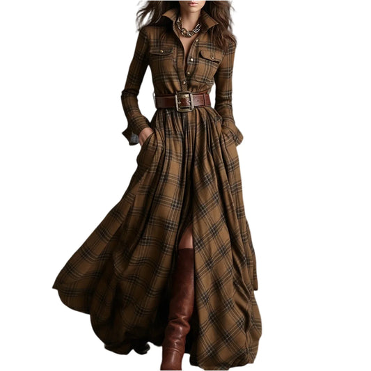 Retro Plaid Maxi Shirt Dress – Long Sleeve, Belt & Pockets Maxi Shirt Dress Peaceful Pleasures Health and Wellness Brown L