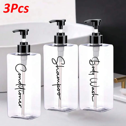 3 Transparent Square Refillable Shampoo and Conditioner Dispensers, 400ml Each, with 3 Waterproof Labels Peaceful Pleasures Health and Wellness 3Pcs