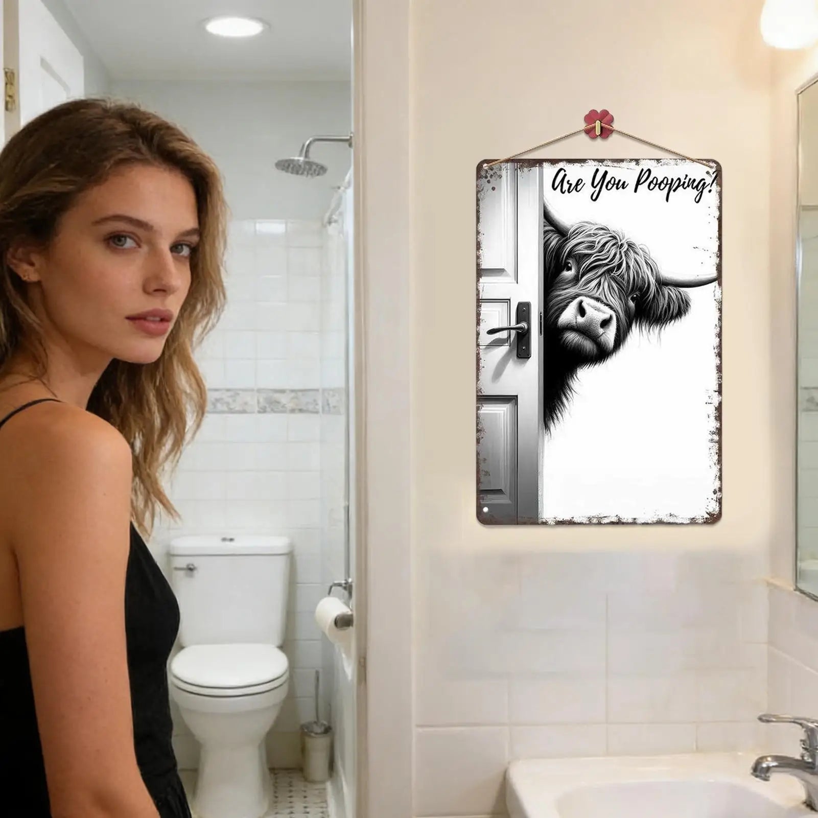 Bathroom Wall Art Decor Farmhouse Modern Funny Sign Bathroom Farm Animal Wall Pictures for Office Apartment Toilet Restroom Door Peaceful Pleasures Health and Wellness
