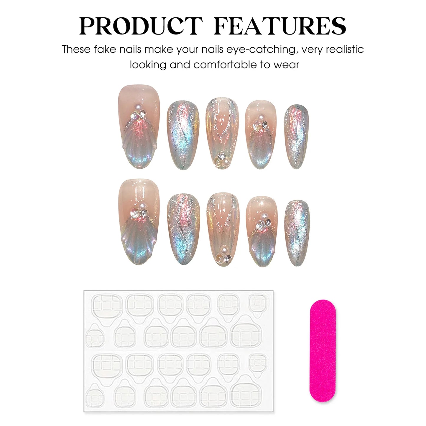 Handmade Press on Nails Blue Aurora Mermaid Fake Nail Patches Wearable Detachable French Pearl Almond False Nail Tips 10pcs Peaceful Pleasures Health and Wellness