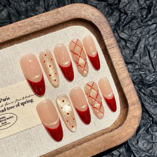 Handmade Press on Nails Shiny Cat Eye French Dot Grid Fake Nail Tips Women Girl Wearable Red New Year Sweet Korean False Nails Peaceful Pleasures Health and Wellness