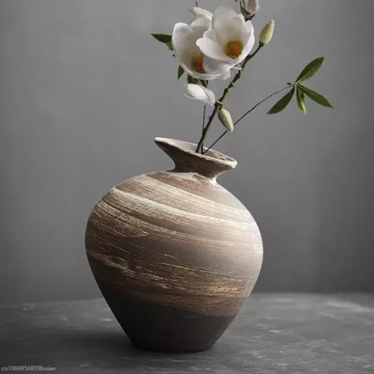 Black Terracotta Vase Imitation Stone Abstract Flower Arranger Table Top Vintage Ornament Living Room Flower Vase Japanese Style Peaceful Pleasures Health and Wellness
