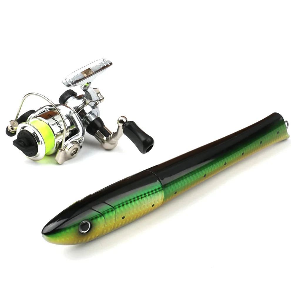 Portable Fish Shaped Fishing Rod Pole Reel Mini Pocket Pen Fishing Rod with Reel Fishing Pole with Reel Fishing Accessories Peaceful Pleasures Health and Wellness as show