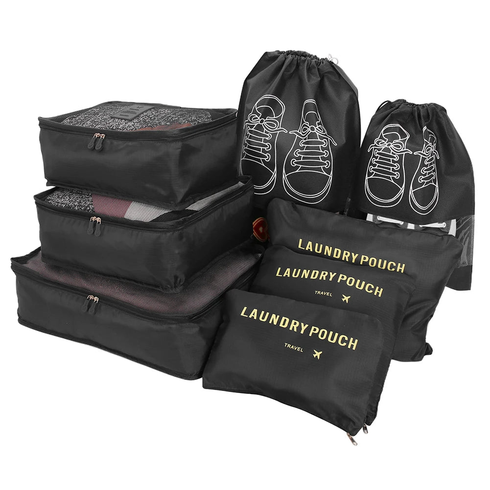 8Pcs/Set Travel Organizer Storage Bags Suitcase Packing Cubes Set Cases Portable Luggage Clothes Shoe Tidy Pouch Folding Bags Peaceful Pleasures Health and Wellness 8Pcs Black 1