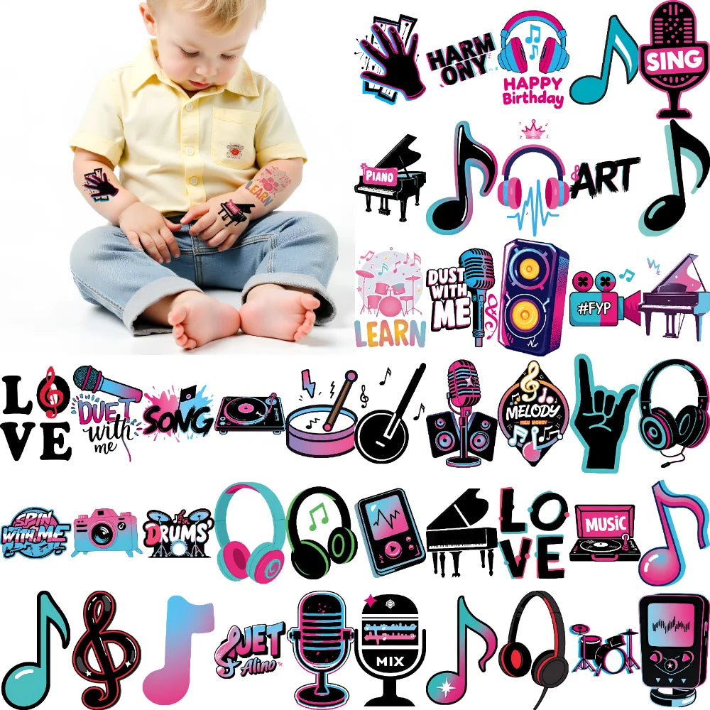 63-Pack Music Cartoon Temporary Tattoos – Waterproof Stickers