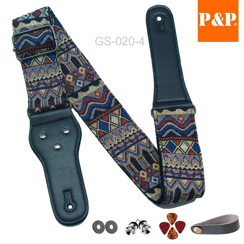 P&p Boho Embroidered Guitar Strap Cotton Adjustable Acoustic Electric