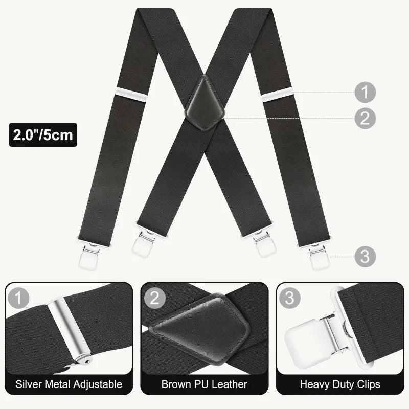 Men's Heavy-Duty 2-Inch Wide Adjustable Elastic Work Suspenders with Sturdy Clips X-Back Design for Durable Support Peaceful Pleasures Health and Wellness