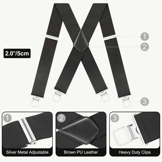 Men's Heavy-Duty 2-Inch Wide Adjustable Elastic Work Suspenders with Sturdy Clips X-Back Design for Durable Support Peaceful Pleasures Health and Wellness