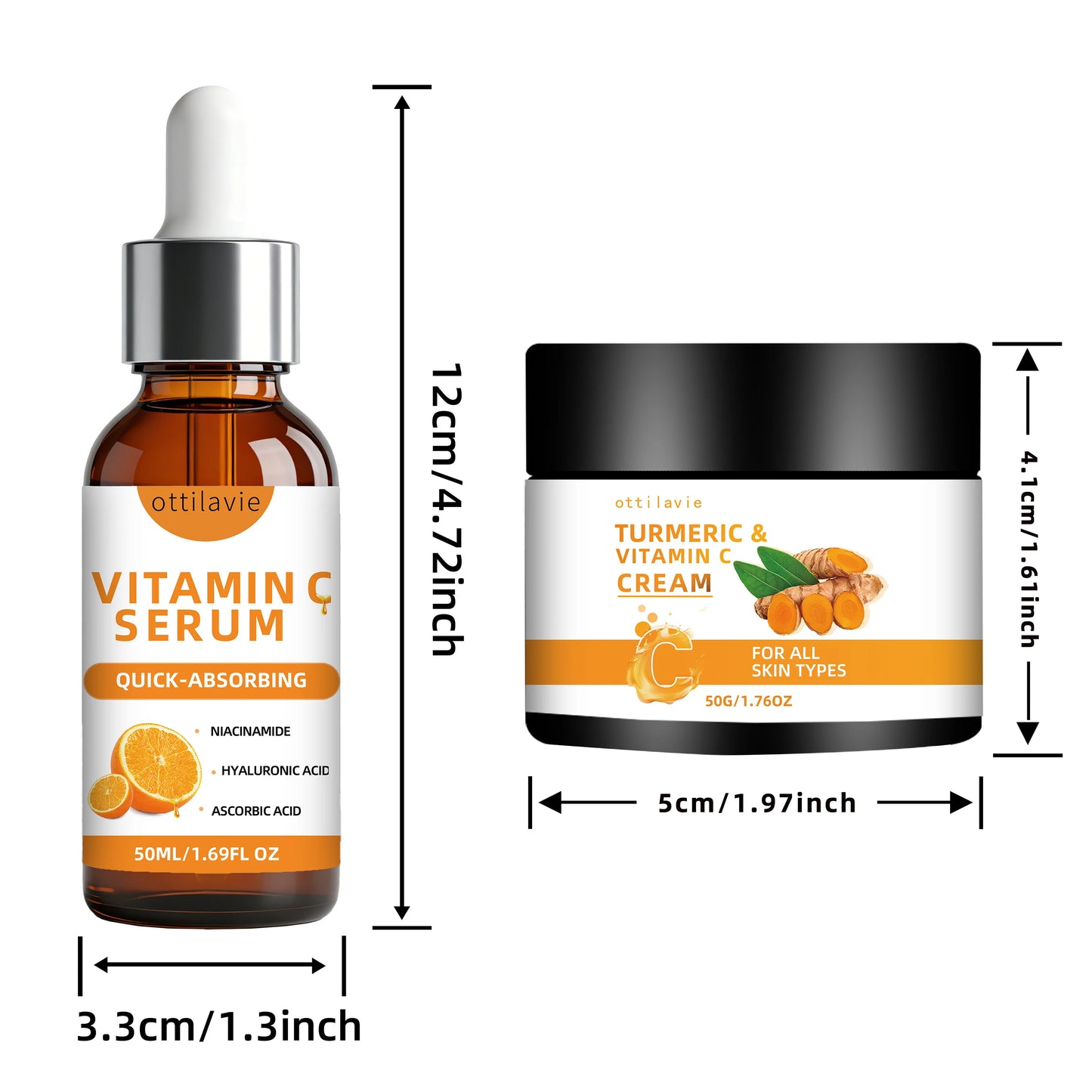 Ottilavie Turmeric & VC Cream+Serum Skincare Duo Set, ace/Neck/Body,Unisex,All Skin Types, Lightweight Daily,Non-greasy Peaceful Pleasures Health and Wellness 50g50ml