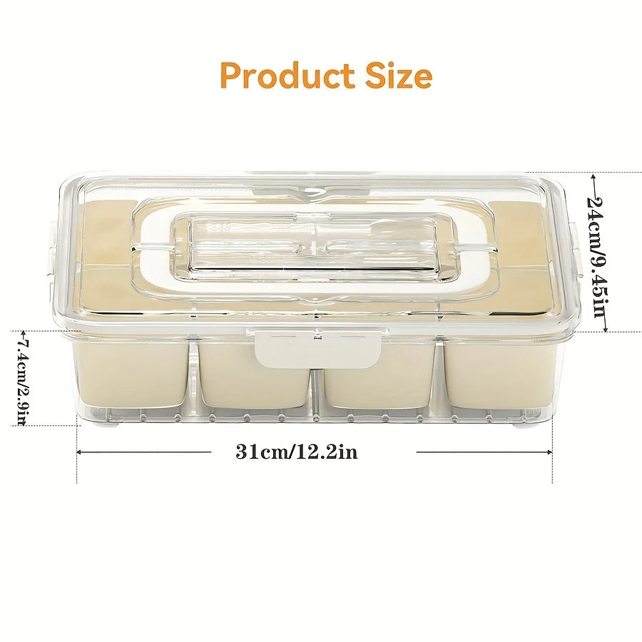 Snackle Box Container with Cutlery Organizer – Divided Serving Tray with Lid, Handle, Fruit Forks & Spoons