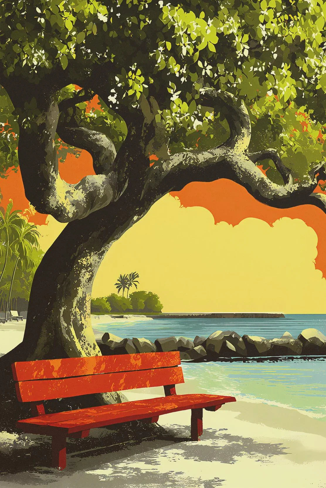 (1pc frameless)Summer Coastal Town Palm Tree Beach Dolphin Sailboat Tropical Fruit Cartoon Poster Canvas Paintings Wall Art P Peaceful Pleasures Health and Wellness