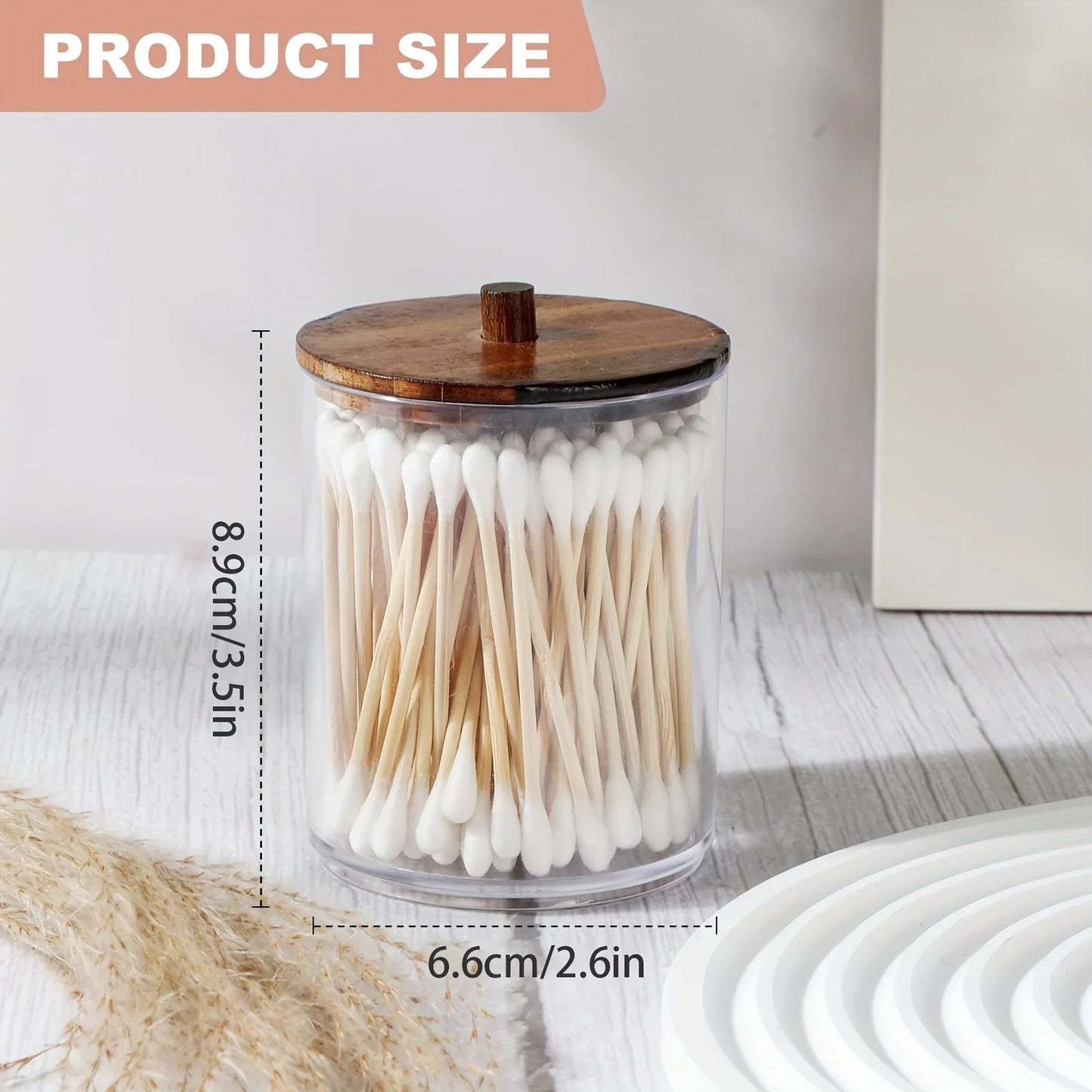 Qtip Holder Apothecary Jars with Wood Lids – 4 Pack Clear Plastic Vanity Organizer Storage Containers (10 oz)