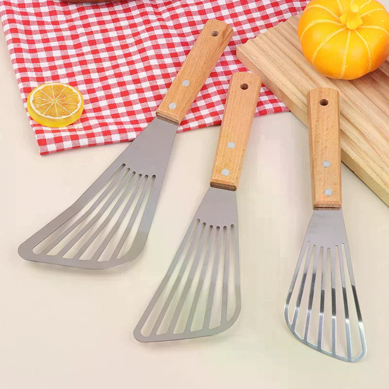Stainless Steel Fish Turner Slotted Spatula | Beech Wood Handle Slotted Spatula Turner Peaceful Pleasures Health and Wellness