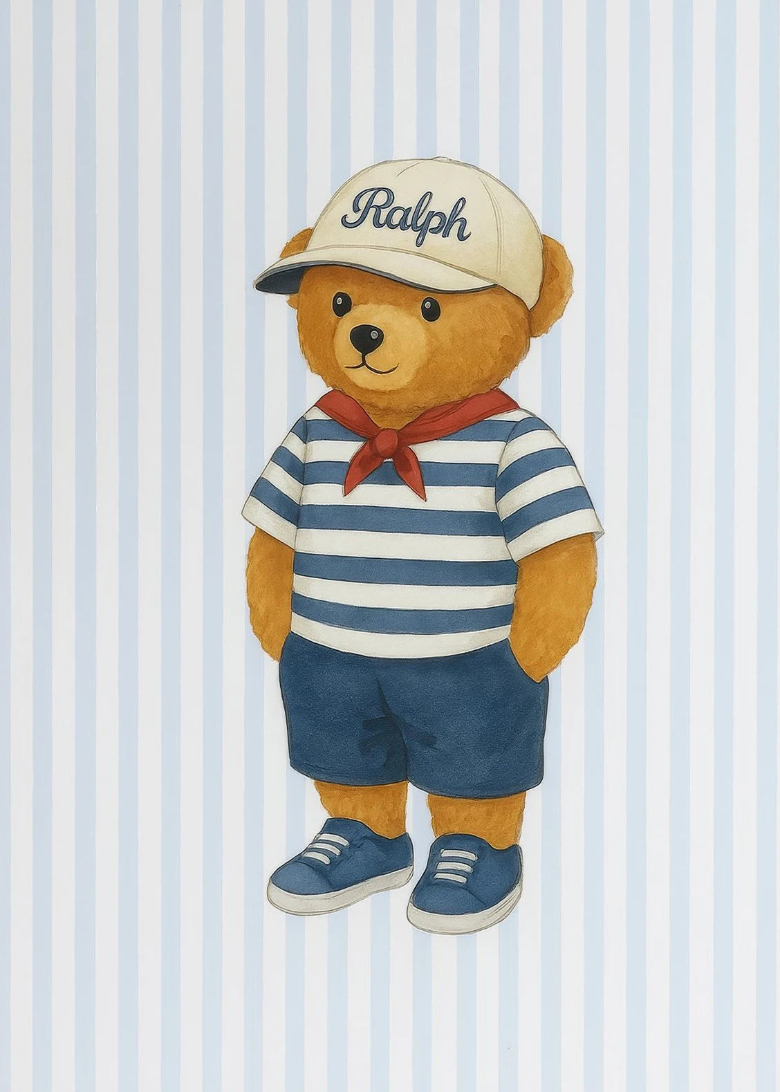 Skating Teddy Bear Playing Guitar Reading Blue Striped Poster Canvas Painting Print Wall Art Picture for Living Room Home Decor Peaceful Pleasures Health and Wellness