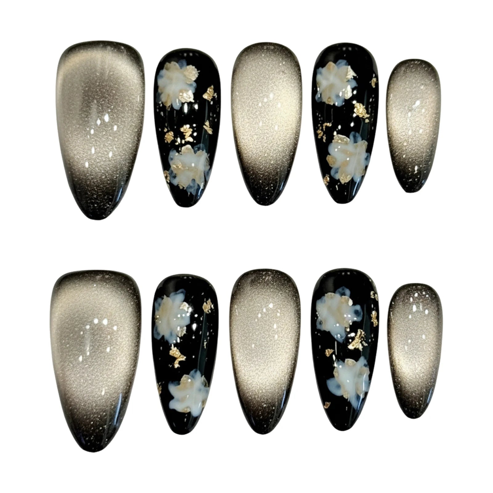 10pcs Handmade Black Cat Eyes False Nails Press On Nails With Gold Foil Floral Designs Long Almond French Wearable Nail Tips Peaceful Pleasures Health and Wellness Xs