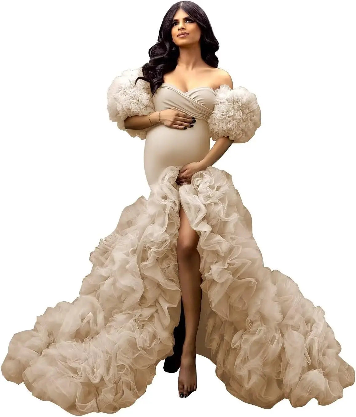 Soft Tulle Mermaid Maternity Gown - Off Shoulder Puffy Slit for Baby Shower & Pregnancy Photoshoot Dresses платье для беременных Peaceful Pleasures Health and Wellness CHAMPAGNE US 4