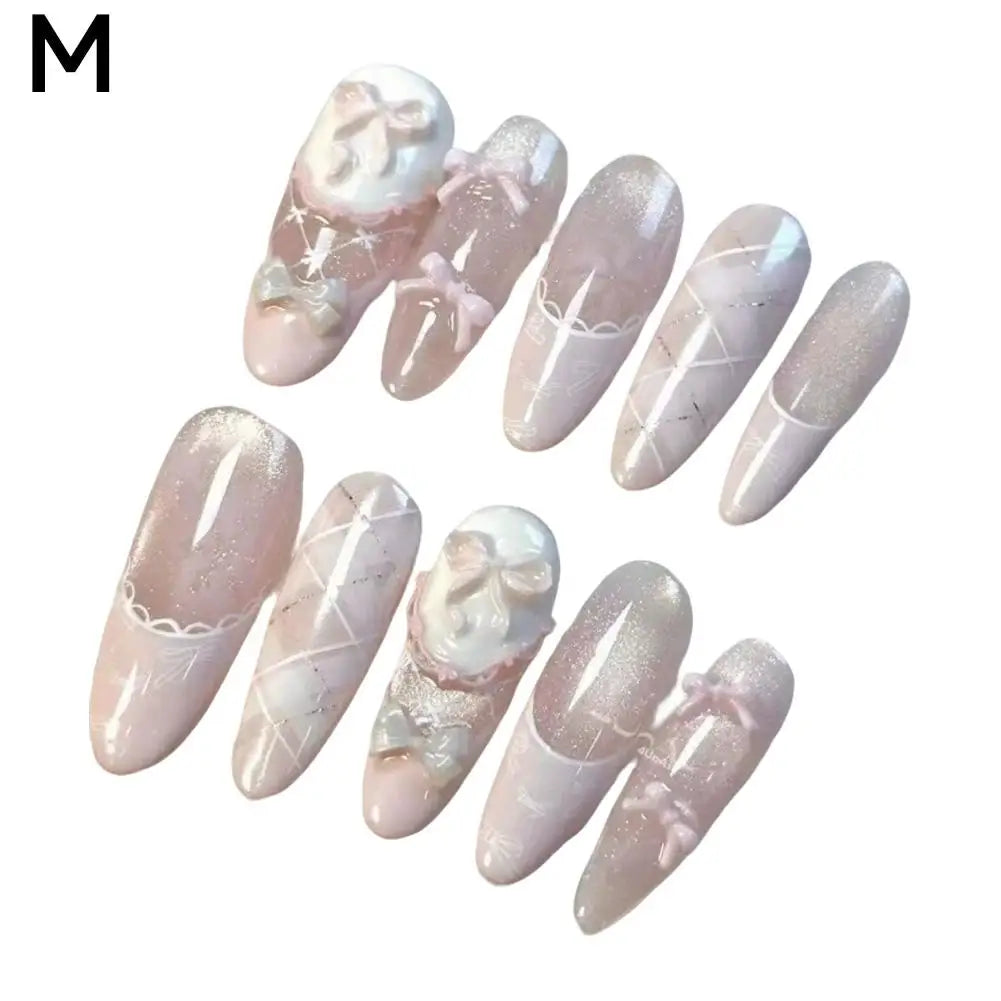 Gentle Sweet Lovely Handmade Long Coffin Ellipse French Full Cover Nail Flower Bowknot Star Cat Eyes Diamond Pearl Press On Nail Peaceful Pleasures Health and Wellness M